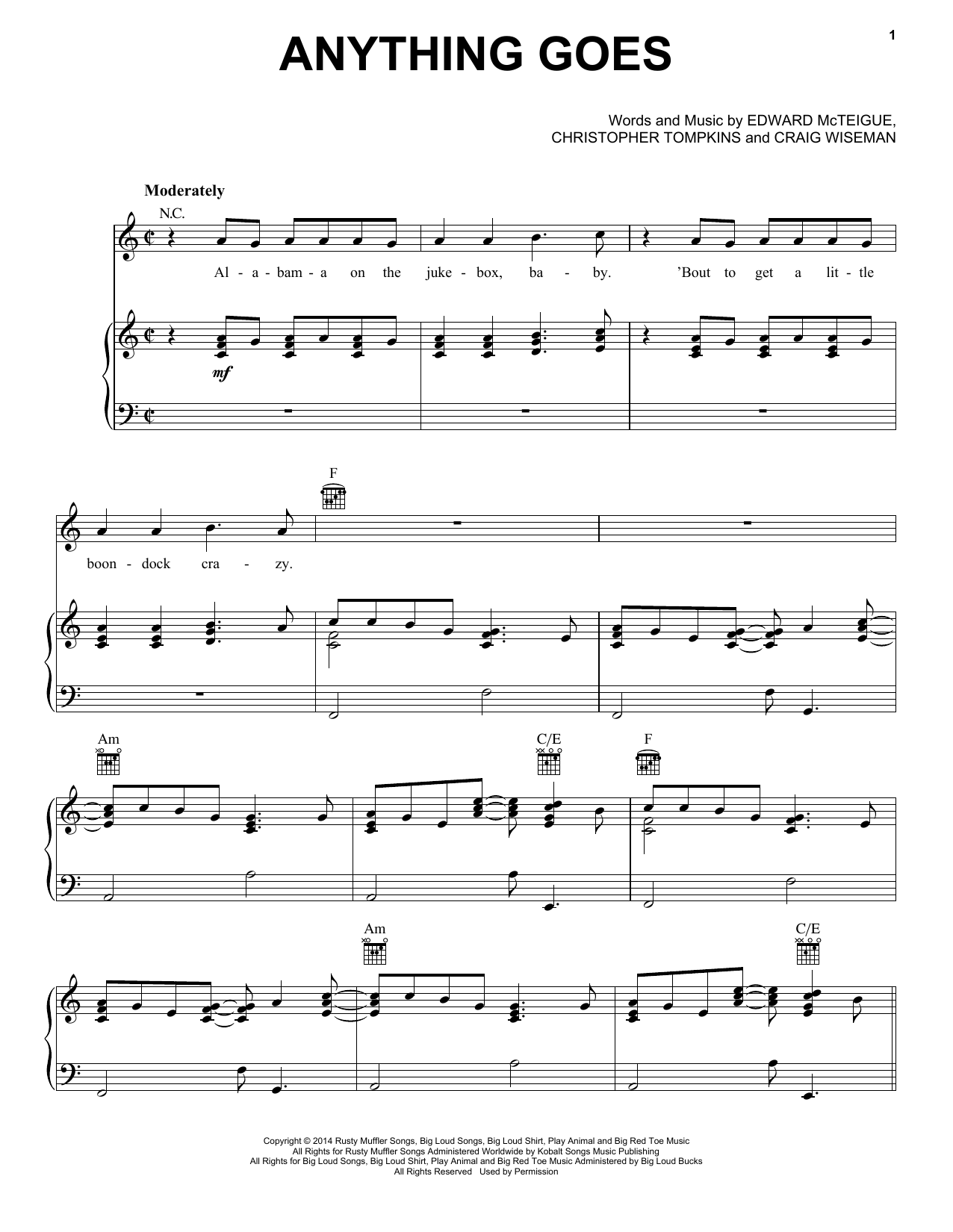 Florida Georgia Line Anything Goes Sheet Music Notes & Chords for Piano, Vocal & Guitar (Right-Hand Melody) - Download or Print PDF