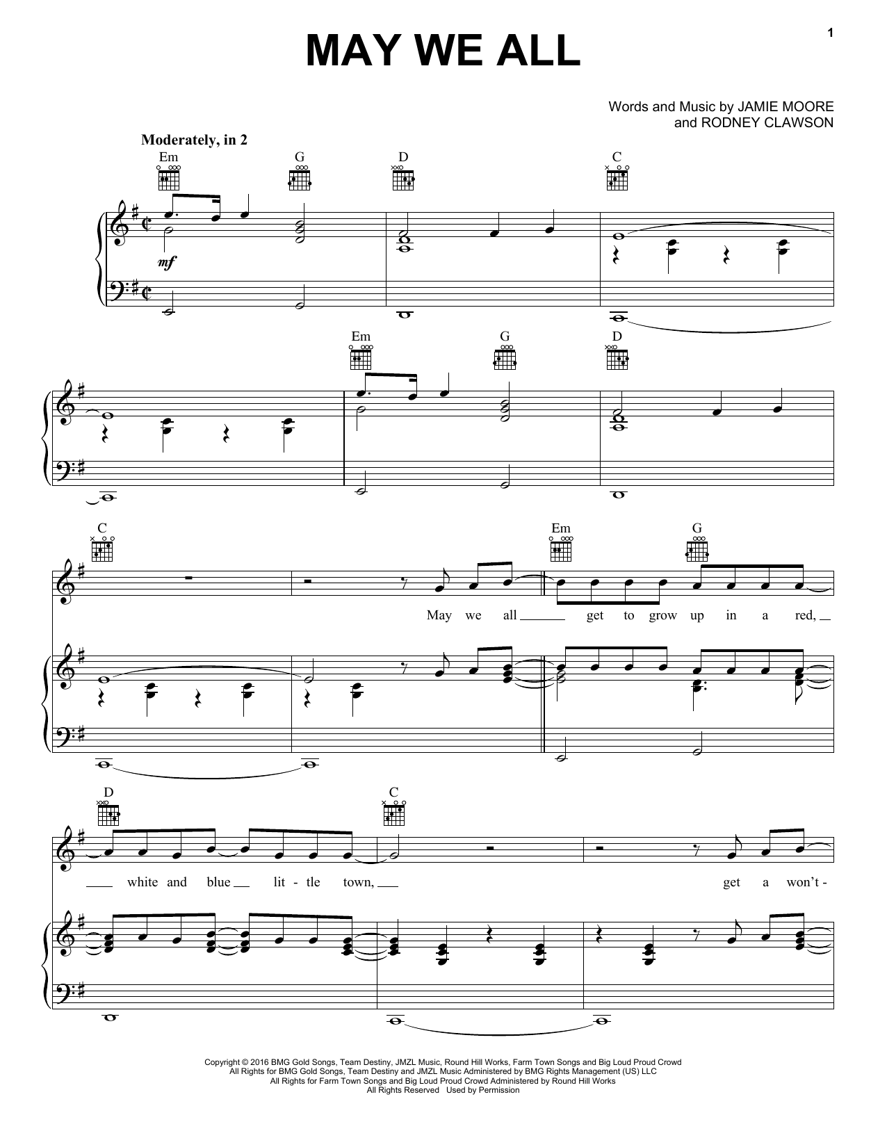 Florida Georgia Line feat. Tim McGraw May We All Sheet Music Notes & Chords for Piano, Vocal & Guitar (Right-Hand Melody) - Download or Print PDF