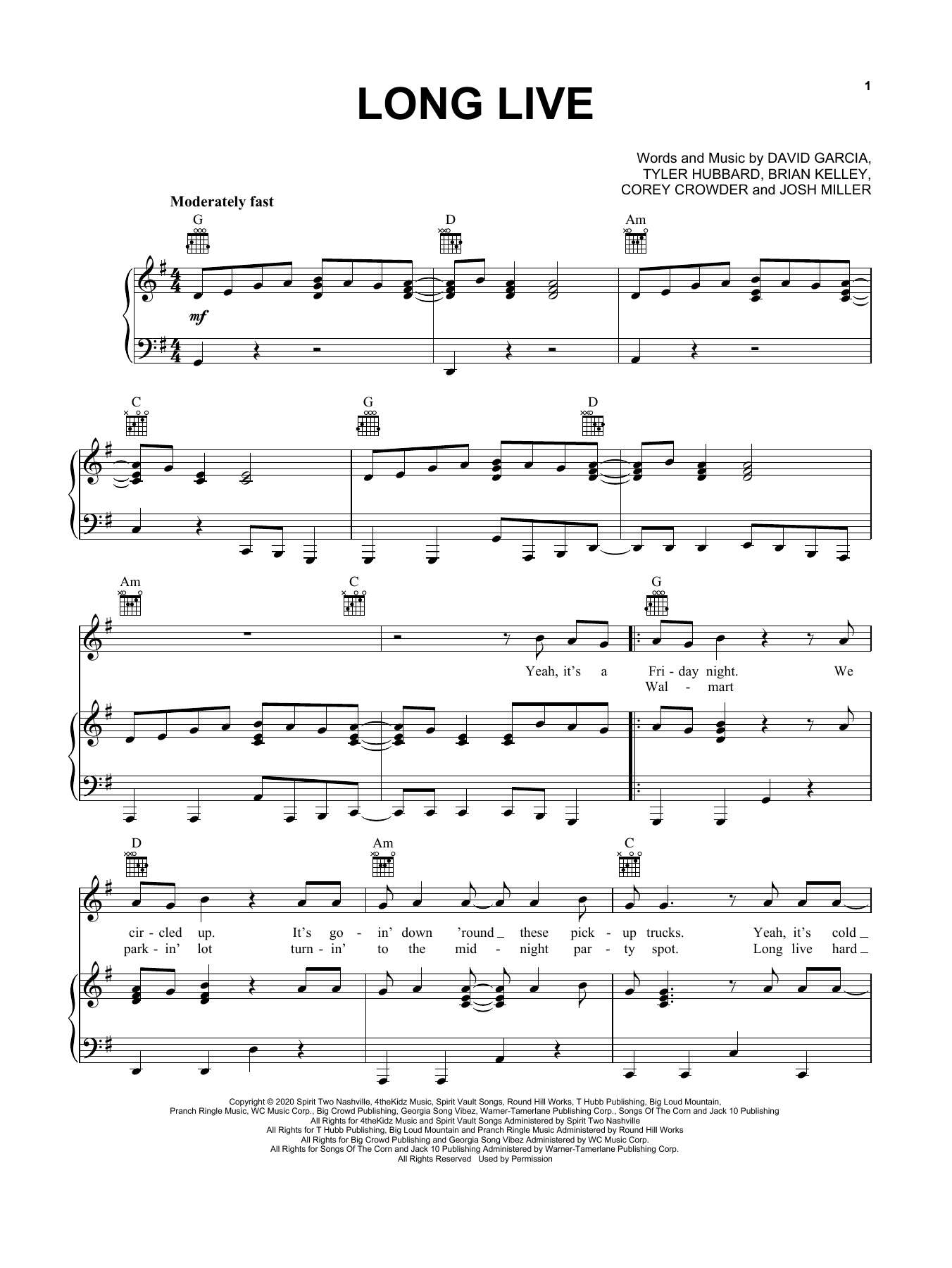 Florida Georgia Line Long Live Sheet Music Notes & Chords for Piano, Vocal & Guitar (Right-Hand Melody) - Download or Print PDF