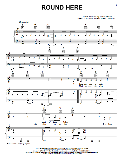 Florida Georgia Line Round Here Sheet Music Notes & Chords for Piano, Vocal & Guitar (Right-Hand Melody) - Download or Print PDF