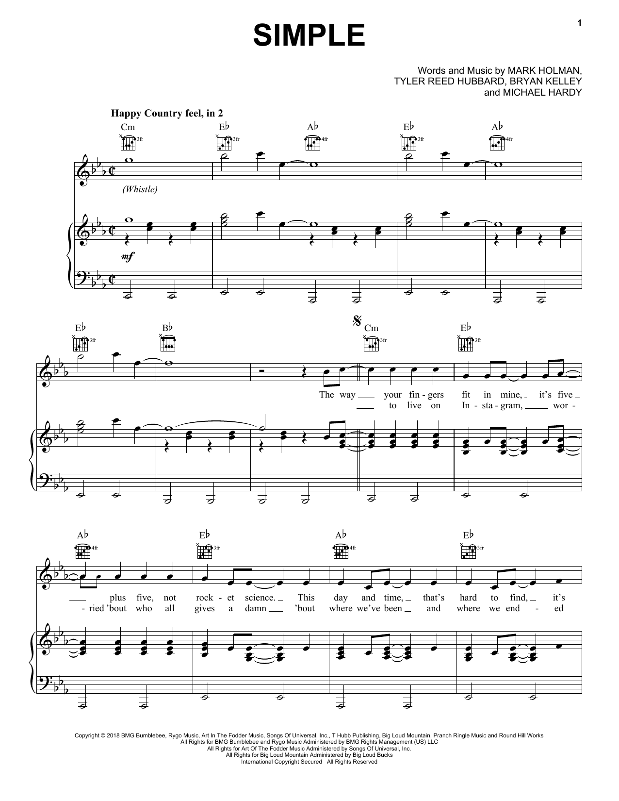 Florida Georgia Line Simple Sheet Music Notes & Chords for Very Easy Piano - Download or Print PDF