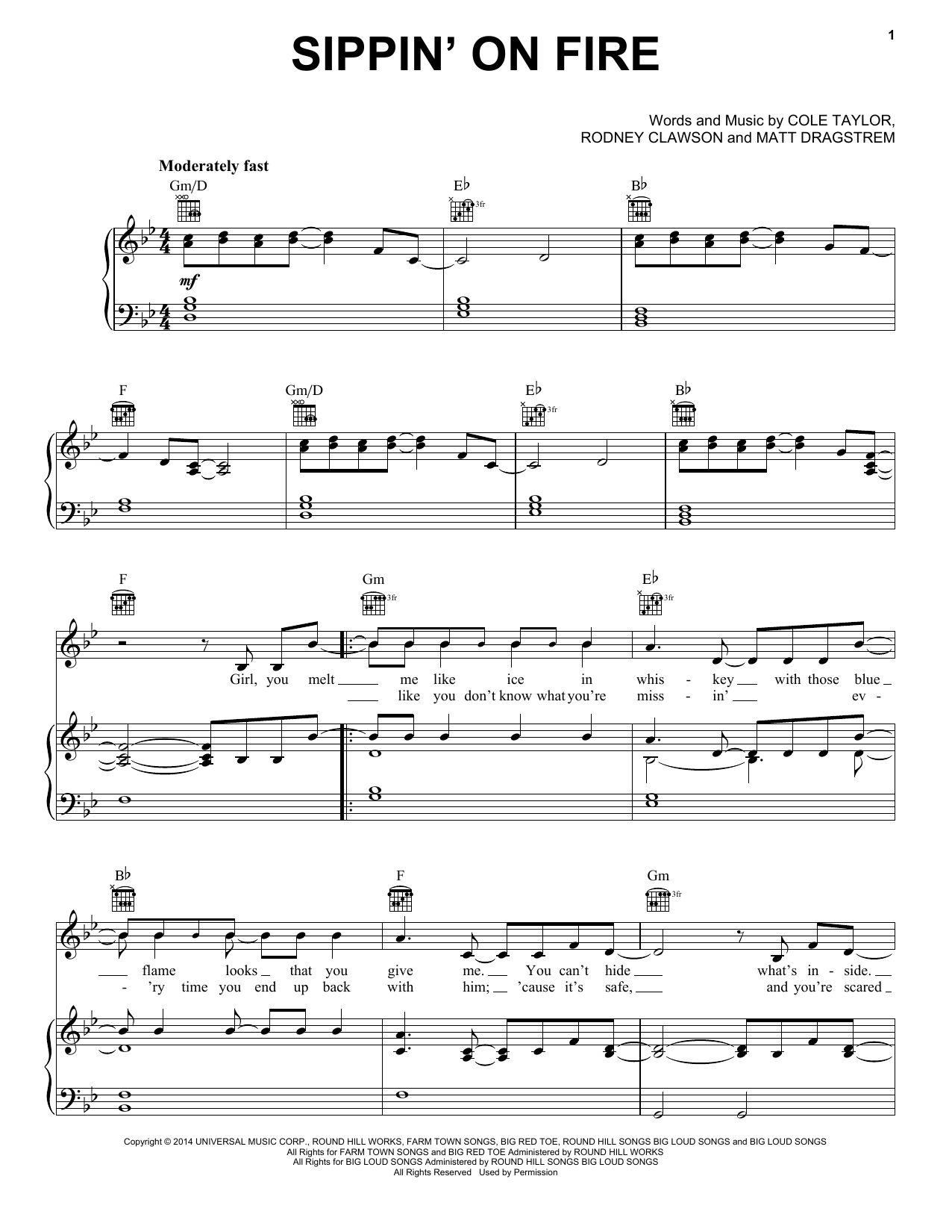 Florida Georgia Line Sippin' On Fire Sheet Music Notes & Chords for Piano, Vocal & Guitar (Right-Hand Melody) - Download or Print PDF