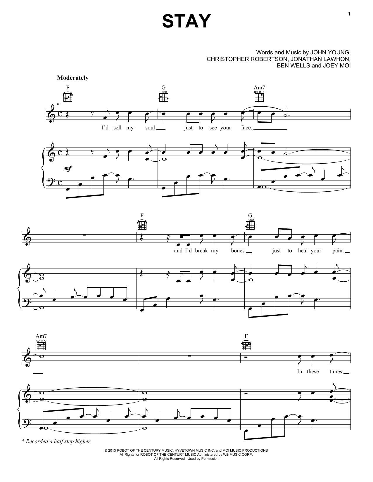 Florida Georgia Line Stay Sheet Music Notes & Chords for Piano, Vocal & Guitar (Right-Hand Melody) - Download or Print PDF