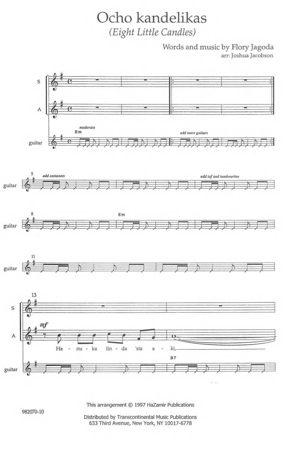 Flory Jagoda Ocho Kandelikas (arr. Joshua Jacobson) Sheet Music Notes & Chords for Choir - Download or Print PDF