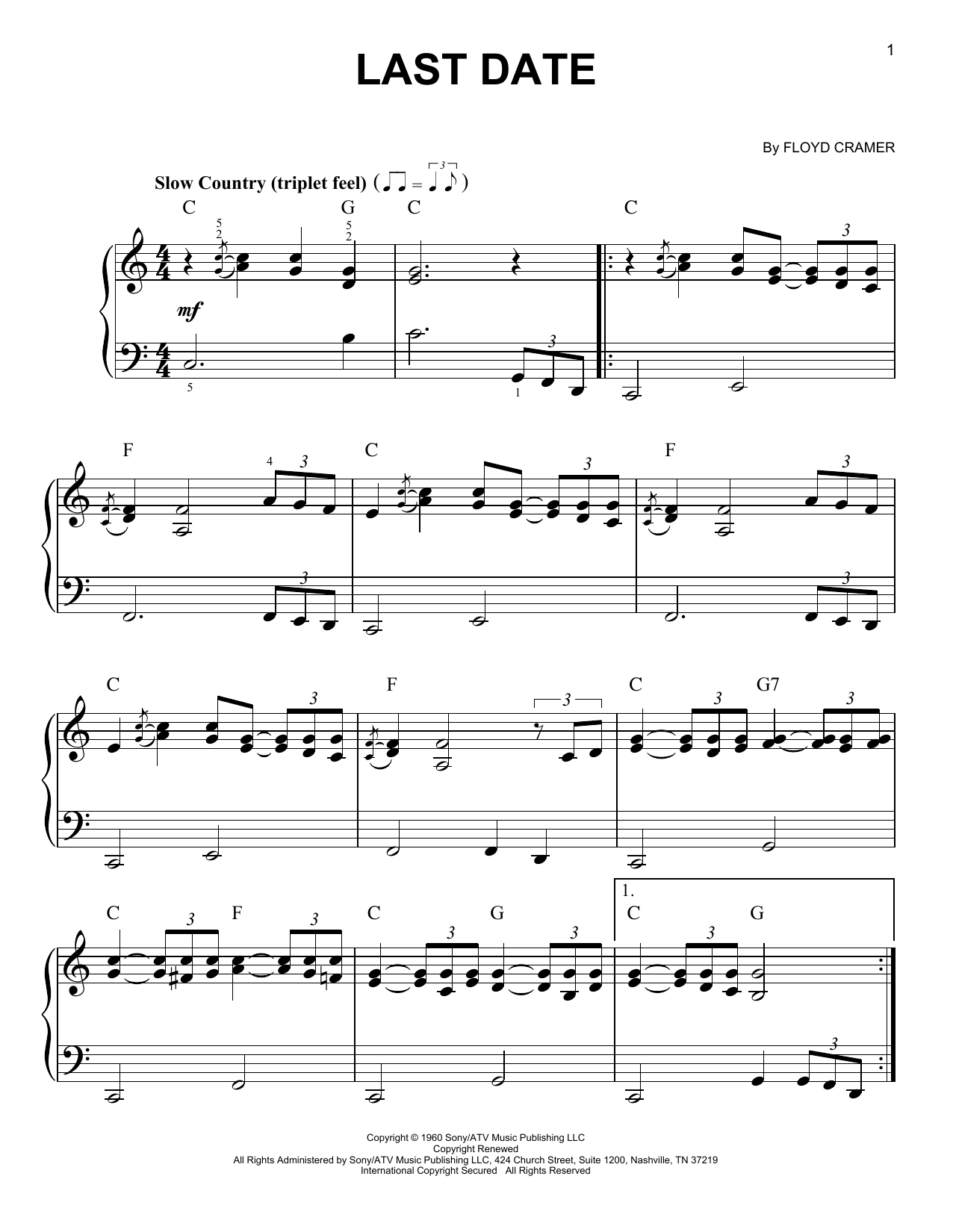 Floyd Cramer Last Date Sheet Music Notes & Chords for Keyboard Transcription - Download or Print PDF