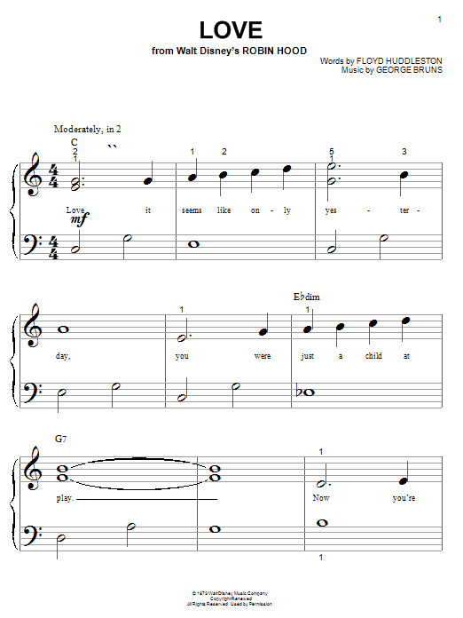 Floyd Huddleston Love (from Walt Disney's Robin Hood) Sheet Music Notes & Chords for Piano (Big Notes) - Download or Print PDF