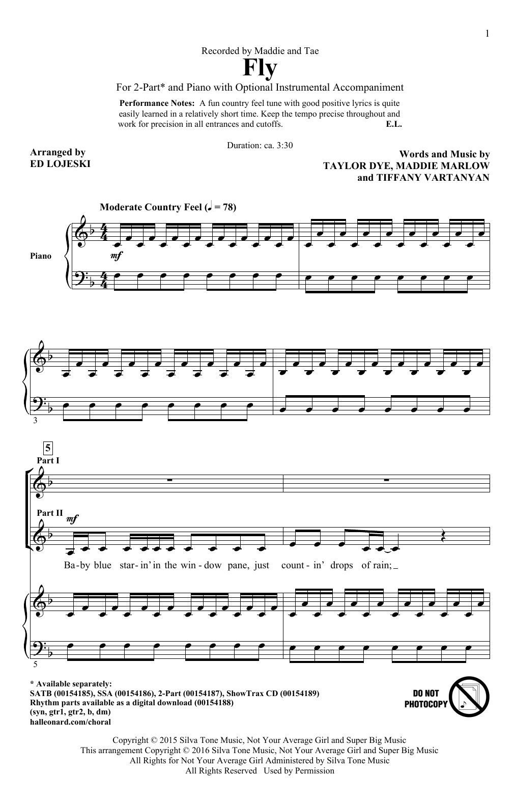 Preview Maddie And Tae Fly (arr. Ed Lojeski) Pop sheet music, notes and chords for SSA, SKU: 170711 sheet music, piano notes, chords, guitar tabs, score, transpose, transcribe, how to play, guide, download, learn, tutorial, progression, song, artist, awards, billboard, mtv, vh1, tour, single, album, release