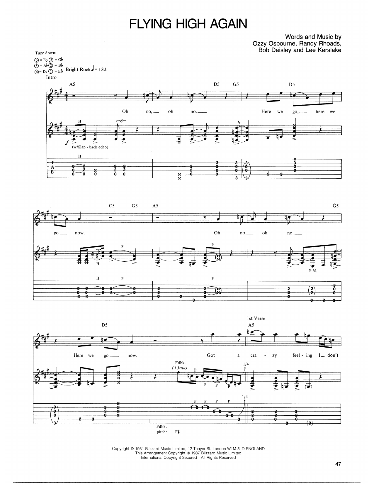 Preview Ozzy Osbourne Flying High Again Rock sheet music, notes and chords for Guitar Tab, SKU: 441563 sheet music, piano notes, chords, guitar tabs, score, transpose, transcribe, how to play, guide, download, learn, tutorial, progression, song, artist, awards, billboard, mtv, vh1, tour, single, album, release