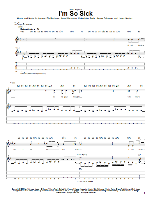 Flyleaf I'm So Sick Sheet Music Notes & Chords for Guitar Tab - Download or Print PDF