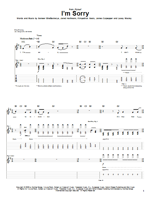 Flyleaf I'm Sorry Sheet Music Notes & Chords for Guitar Tab - Download or Print PDF