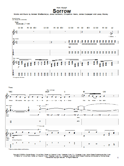Flyleaf Sorrow Sheet Music Notes & Chords for Guitar Tab - Download or Print PDF