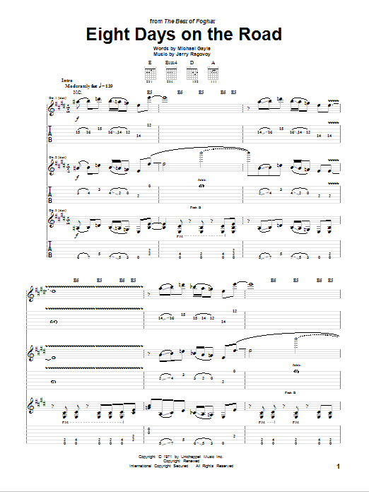 Foghat Eight Days On The Road Sheet Music Notes & Chords for Guitar Tab - Download or Print PDF