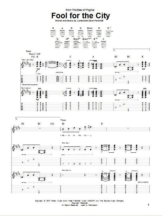 Foghat Fool For The City Sheet Music Notes & Chords for Guitar Tab - Download or Print PDF