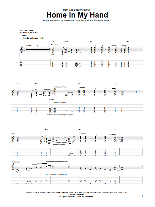 Foghat Home In My Hand Sheet Music Notes & Chords for Guitar Tab - Download or Print PDF