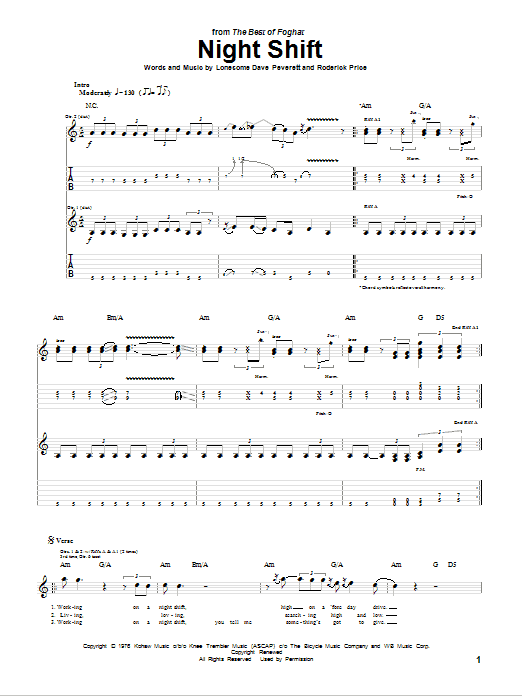 Foghat Night Shift Sheet Music Notes & Chords for Guitar Tab - Download or Print PDF