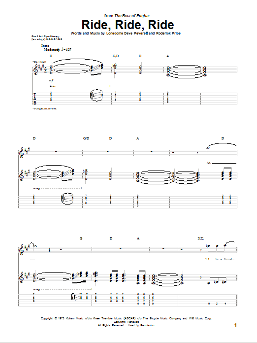 Foghat Ride, Ride, Ride Sheet Music Notes & Chords for Guitar Tab - Download or Print PDF