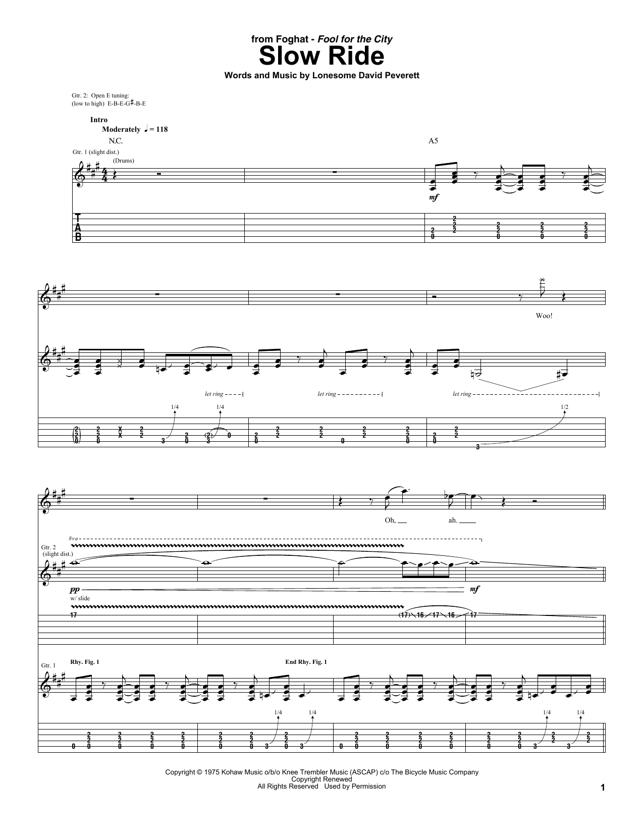 Foghat Slow Ride Sheet Music Notes & Chords for Guitar Tab Play-Along - Download or Print PDF