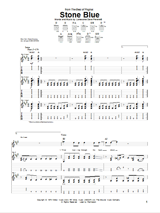 Foghat Stone Blue Sheet Music Notes & Chords for Guitar Tab - Download or Print PDF