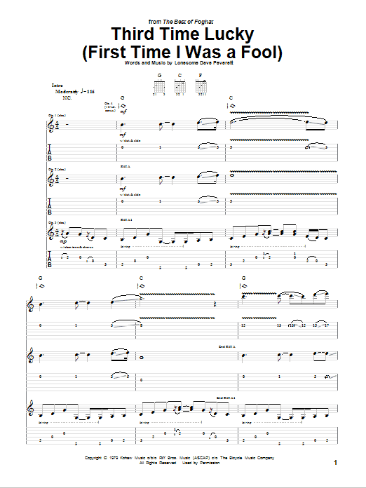 Foghat Third Time Lucky (First Time I Was A Fool) Sheet Music Notes & Chords for Guitar Tab - Download or Print PDF Foghat Third Time Lucky (First Time I Was A Fool) Sheet Music Notes & Chords for Guitar Tab - Download or Print PDF