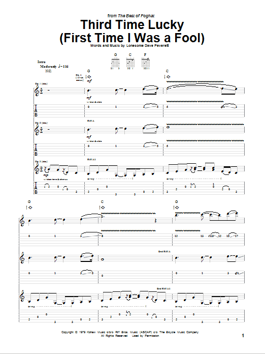 Foghat Third Time Lucky (First Time I Was A Fool) Sheet Music Notes & Chords for Guitar Tab - Download or Print PDF