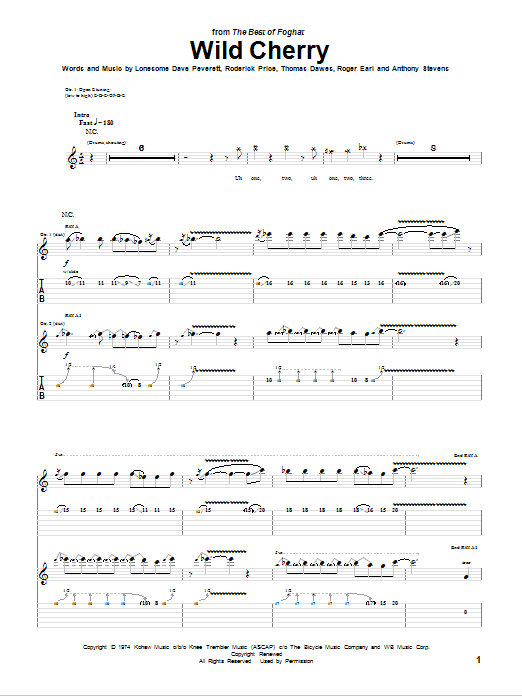 Foghat Wild Cherry Sheet Music Notes & Chords for Guitar Tab - Download or Print PDF