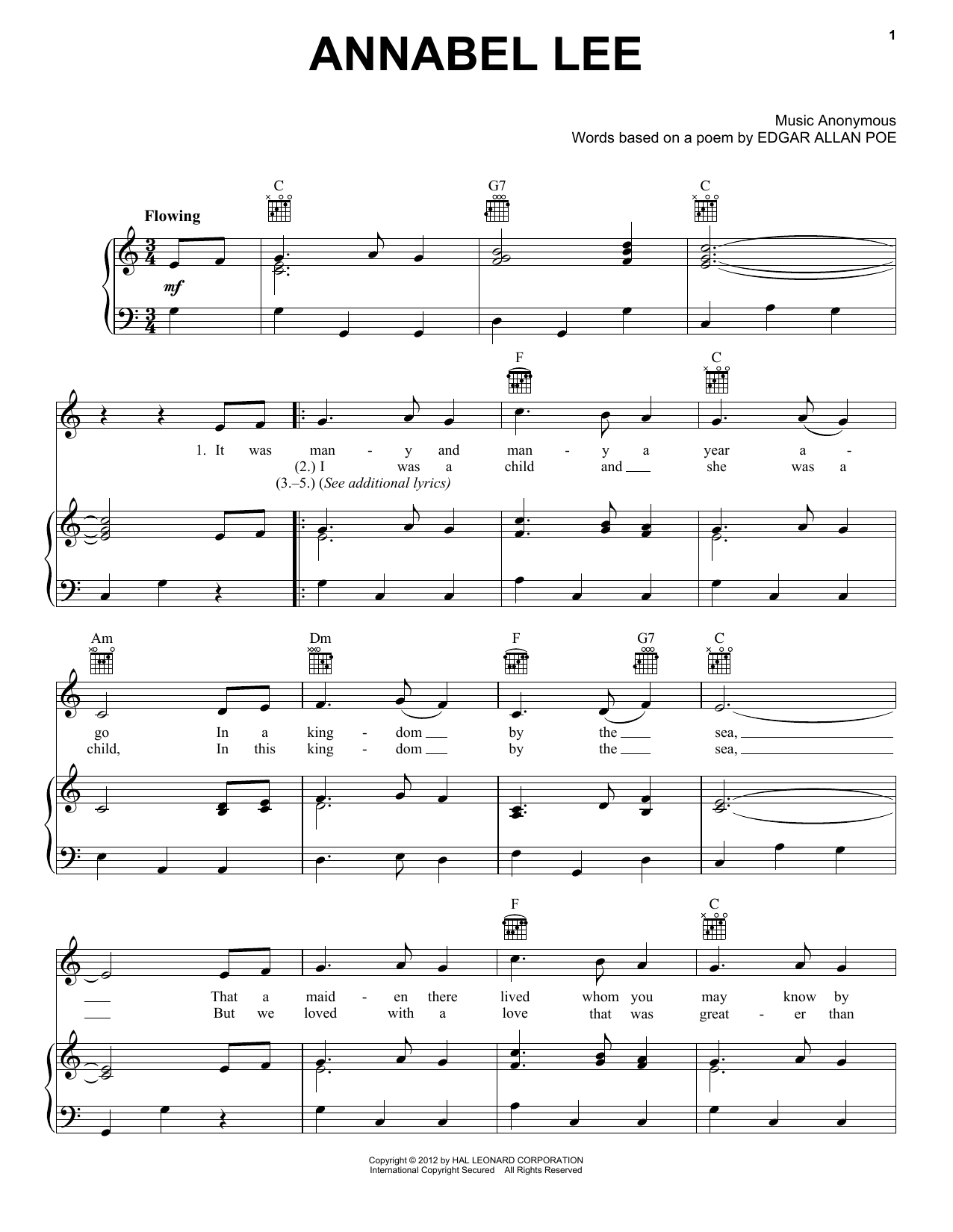 Folk Song Annabel Lee Sheet Music Notes & Chords for Piano, Vocal & Guitar (Right-Hand Melody) - Download or Print PDF