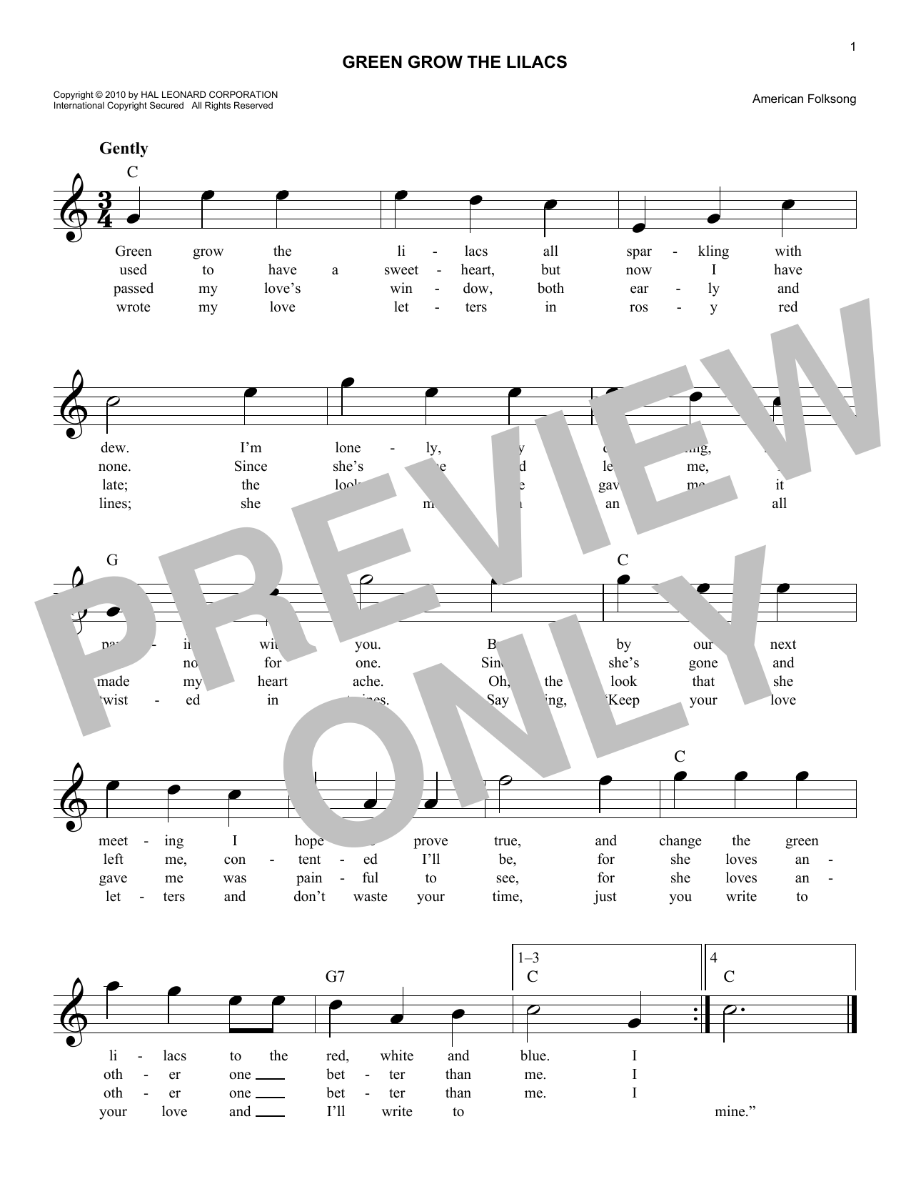 Traditional Folksong Green Grow The Lilacs Sheet Music Notes & Chords for Melody Line, Lyrics & Chords - Download or Print PDF