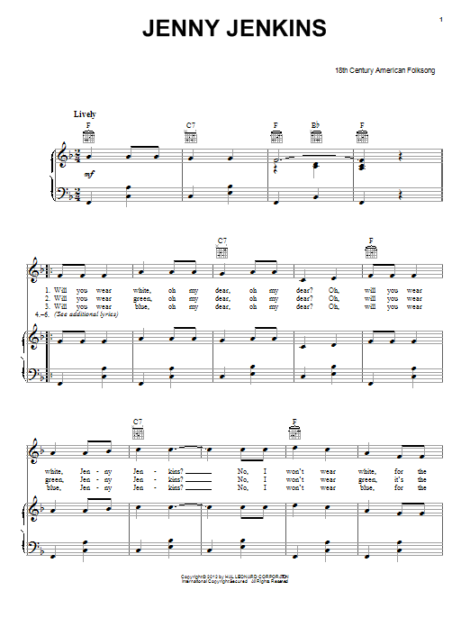 Folk Song Jenny Jenkins Sheet Music Notes & Chords for Piano, Vocal & Guitar (Right-Hand Melody) - Download or Print PDF