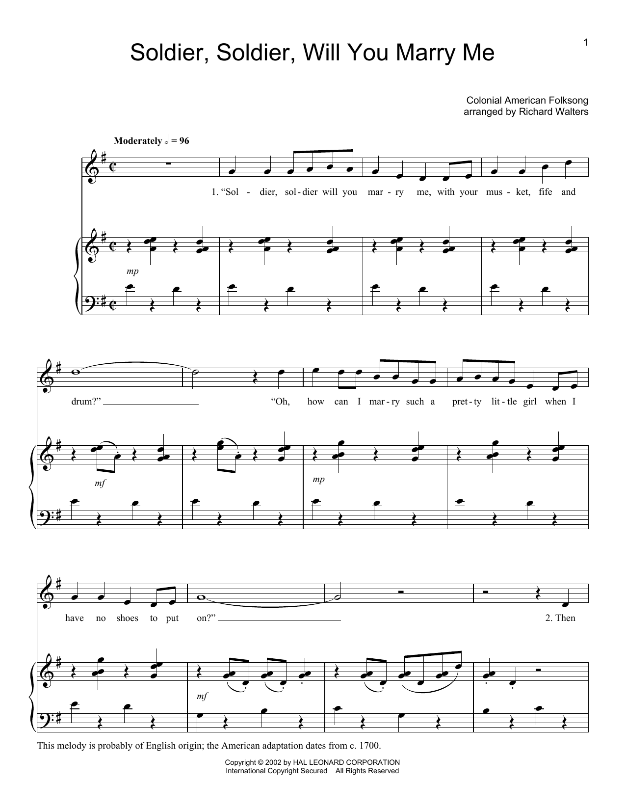 Folk Song Soldier, Soldier Will You Marry Me Sheet Music Notes & Chords for Easy Guitar Tab - Download or Print PDF