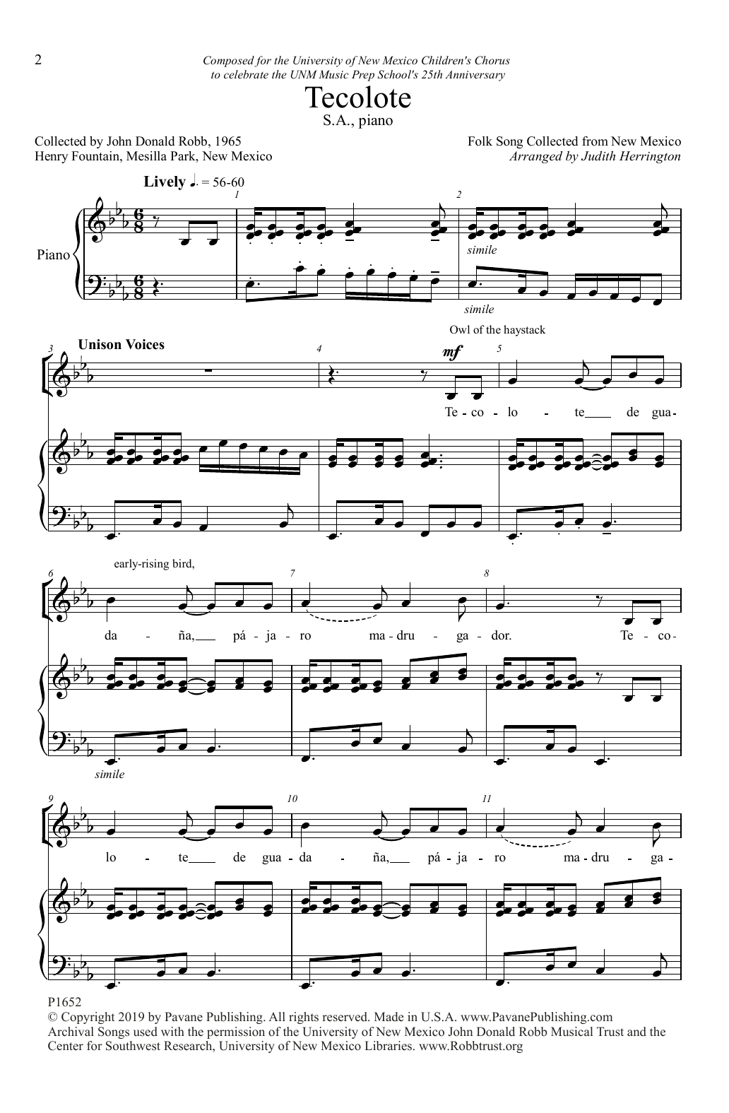 Folk Song Tecolote (arr. Judith Herrington) Sheet Music Notes & Chords for Choir - Download or Print PDF