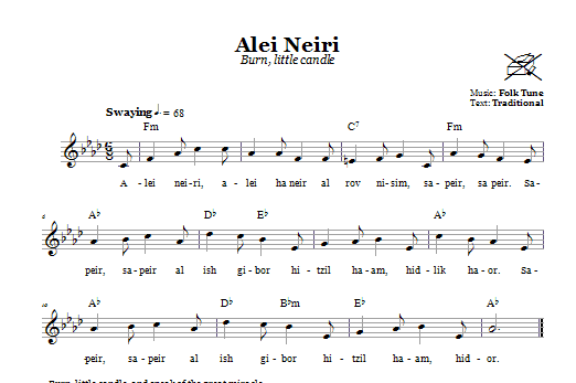 Folk Tune Alei Neiri (Burn, Little Candles) Sheet Music Notes & Chords for Melody Line, Lyrics & Chords - Download or Print PDF