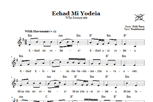 Folk Tune Echad Mi Yodeia (Who Knows One) Sheet Music Notes & Chords for Melody Line, Lyrics & Chords - Download or Print PDF
