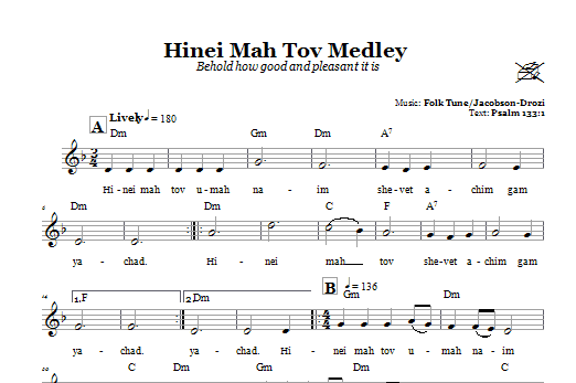 Folk Tune Hinei Mah Tov Medley (Behold How Good And Pleasant It Is) Sheet Music Notes & Chords for Melody Line, Lyrics & Chords - Download or Print PDF