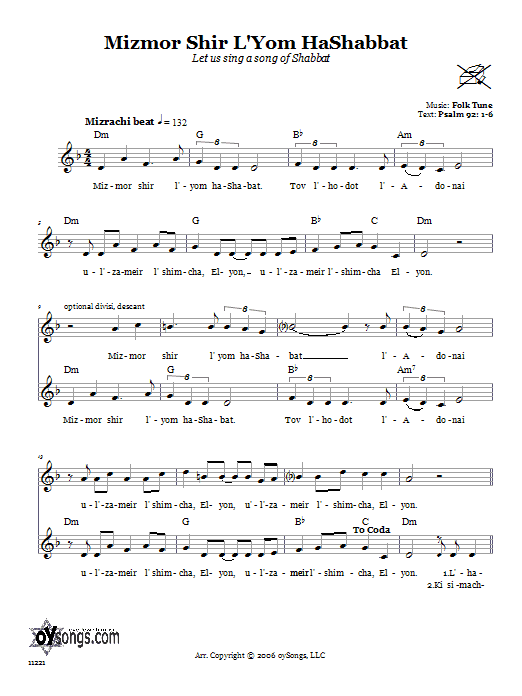 Folk Tune Mizmor Shir L'Yom HaShabbat (Let Us Sing A Song Of Shabbat) Sheet Music Notes & Chords for Melody Line, Lyrics & Chords - Download or Print PDF