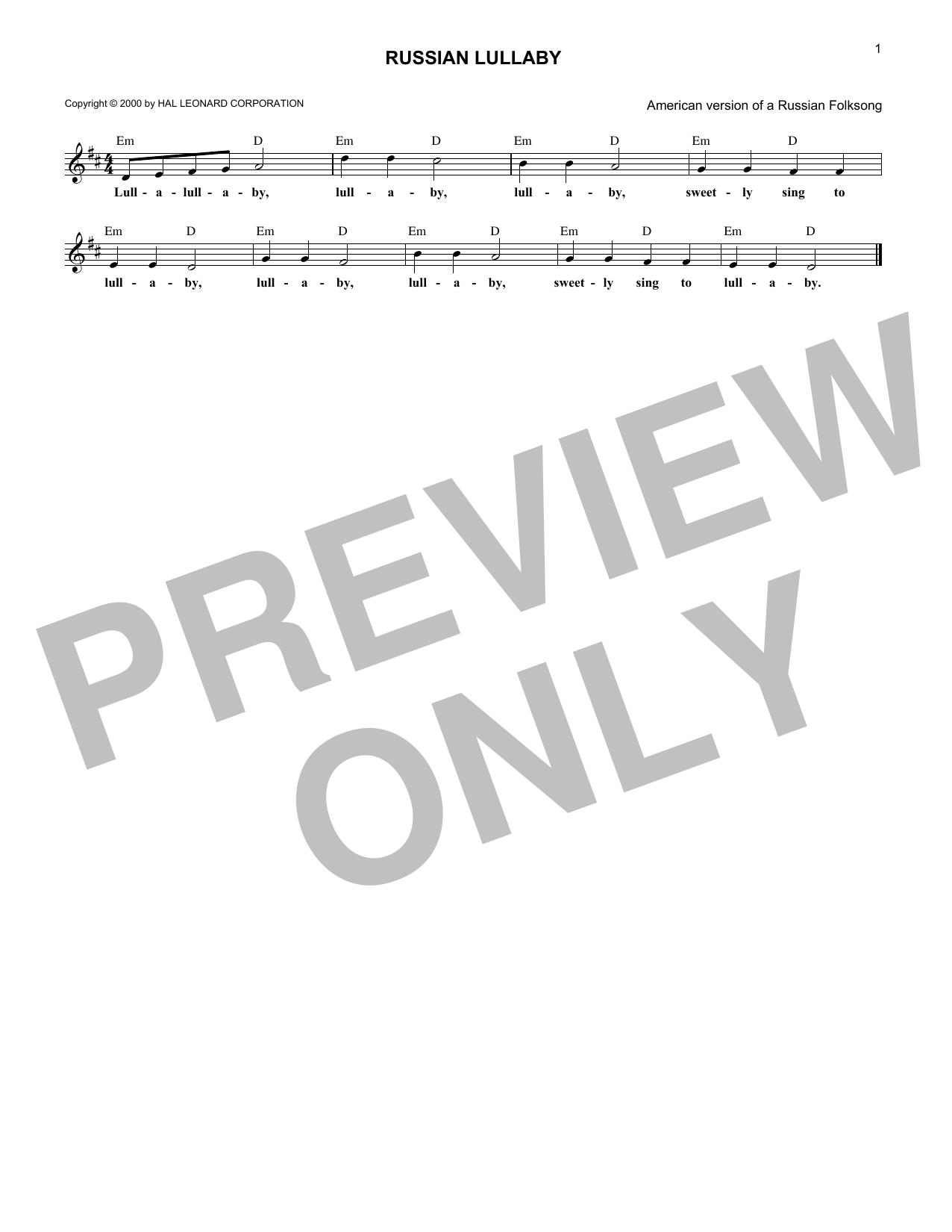 Folksong Russian Lullaby Sheet Music Notes & Chords for Melody Line, Lyrics & Chords - Download or Print PDF