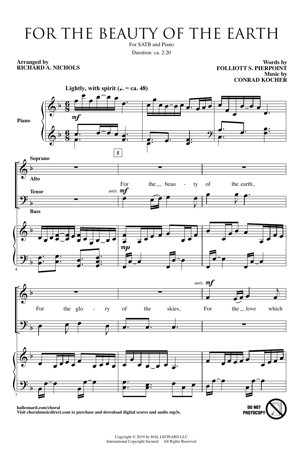 Folliot S. Pierpoint & Conrad Kocher For The Beauty Of The Earth (arr. Richard A. Nichols) Sheet Music Notes & Chords for SATB Choir - Download or Print PDF