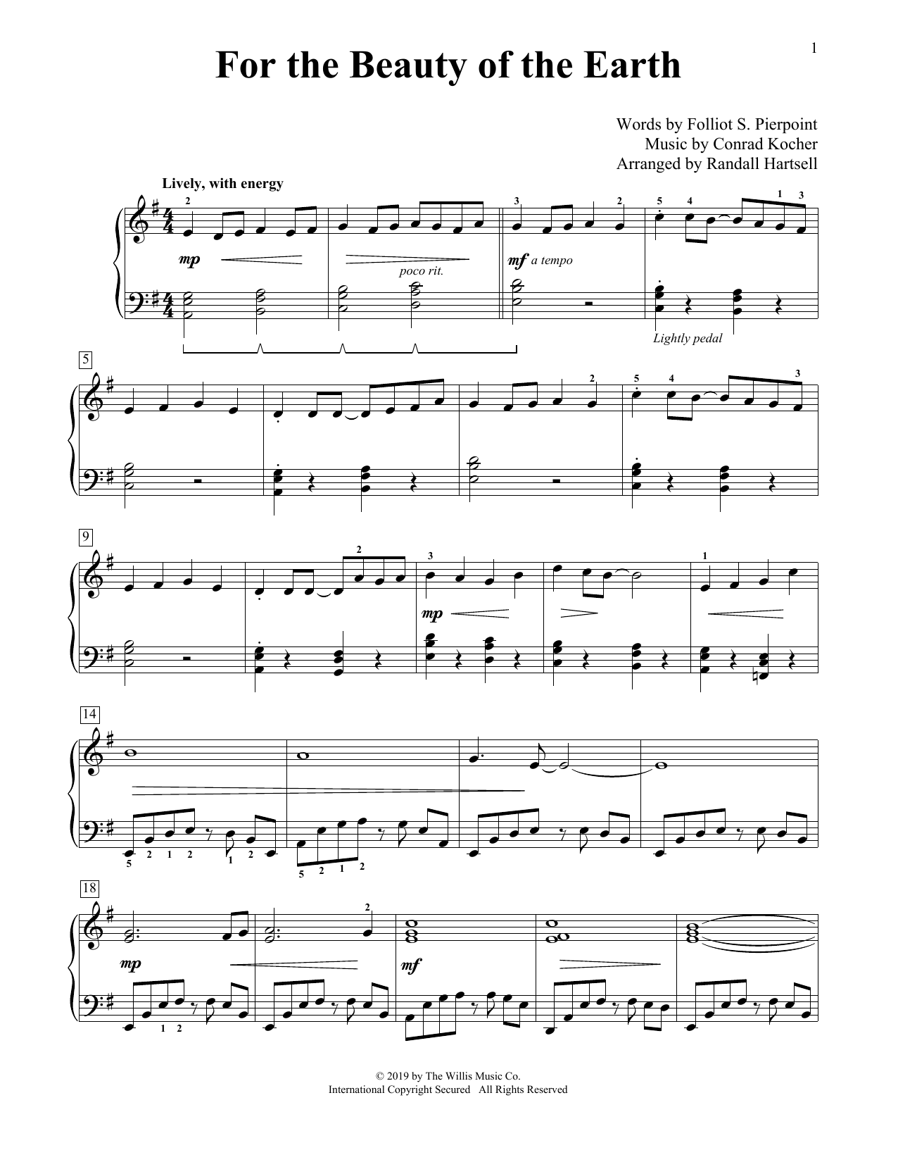 Folliot S. Pierpoint and Conrad Kocher For The Beauty Of The Earth (arr. Randall Hartsell) Sheet Music Notes & Chords for Educational Piano - Download or Print PDF
