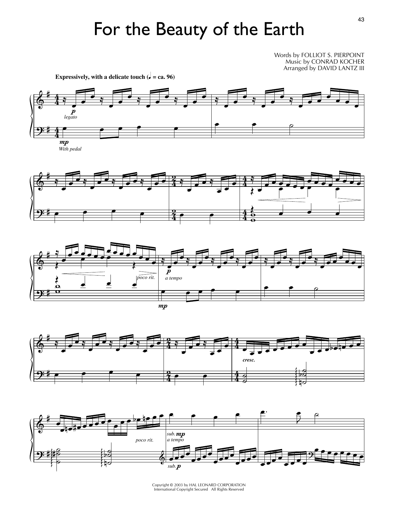 Folliot S. Pierpoint For The Beauty Of The Earth (arr. David Lantz III) Sheet Music Notes & Chords for Piano Solo - Download or Print PDF