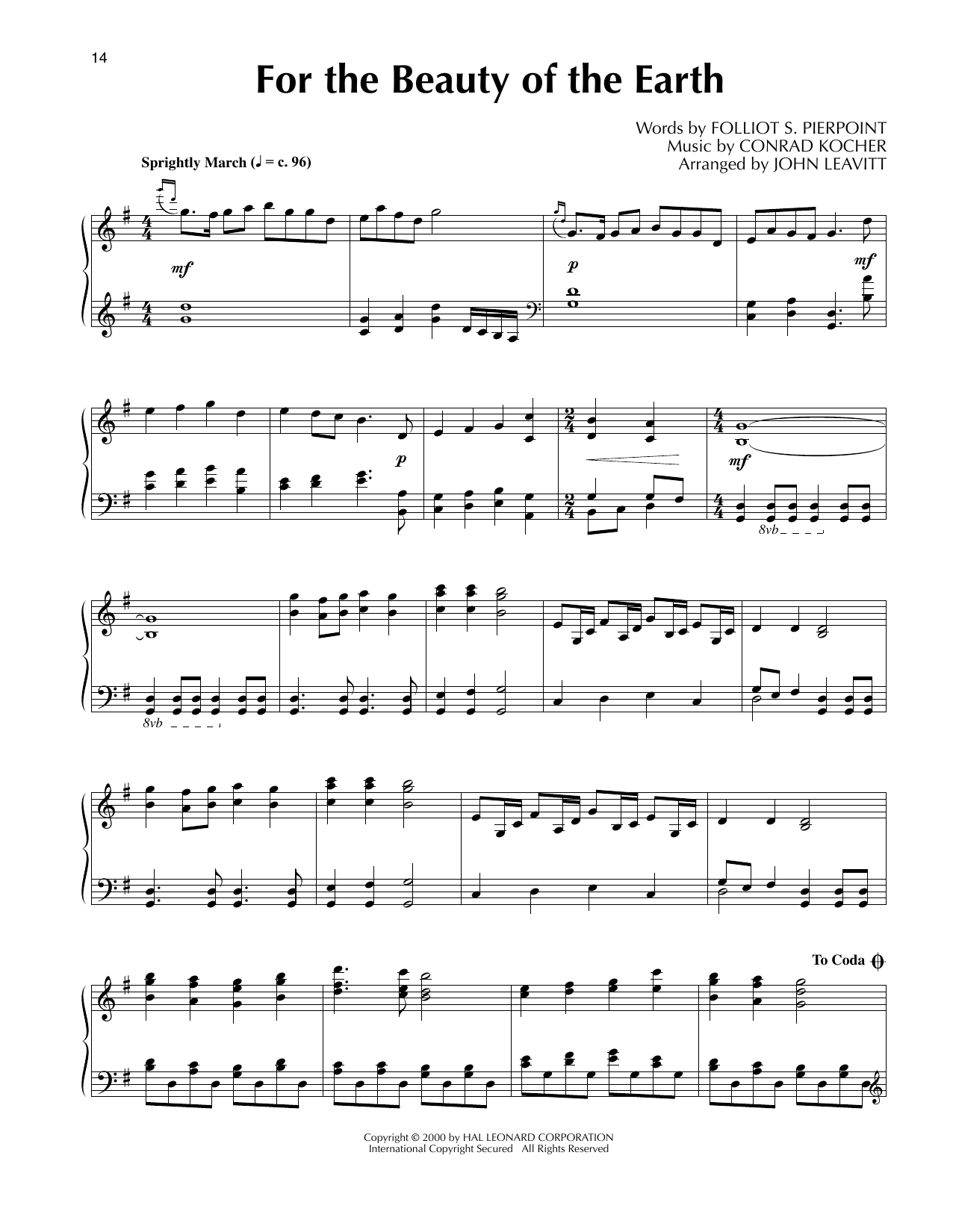 Folliot S. Pierpoint For The Beauty Of The Earth (arr. John Leavitt) Sheet Music Notes & Chords for Piano Solo - Download or Print PDF