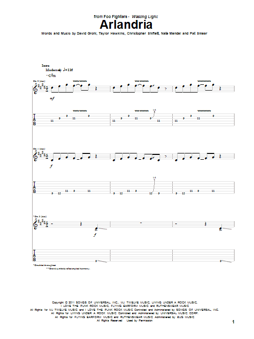 Foo Fighters Arlandria Sheet Music Notes & Chords for Guitar Tab - Download or Print PDF