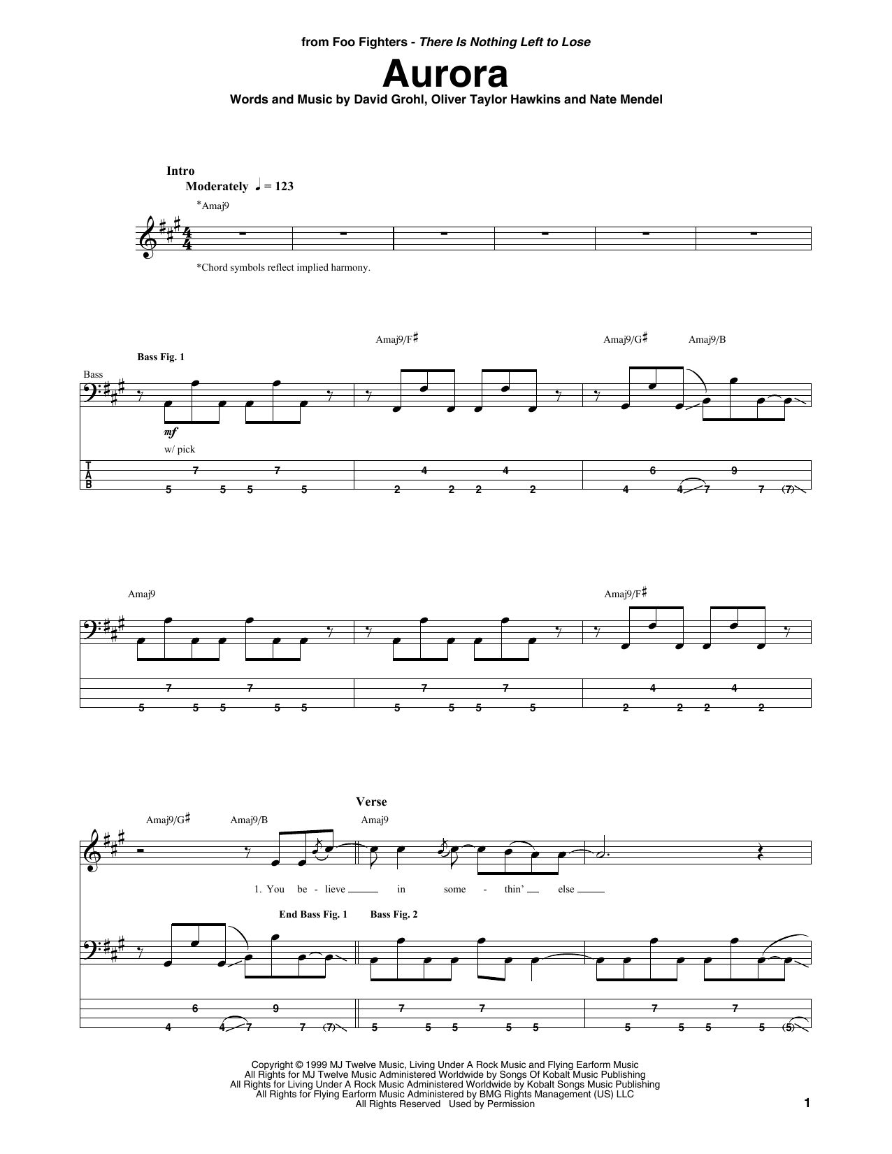 Foo Fighters Aurora Sheet Music Notes & Chords for Bass Guitar Tab - Download or Print PDF