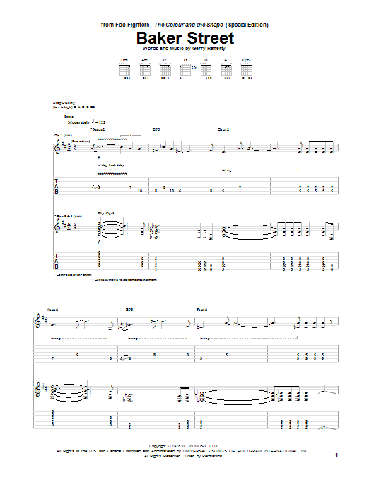 Foo Fighters Baker Street Sheet Music Notes & Chords for Guitar Tab - Download or Print PDF