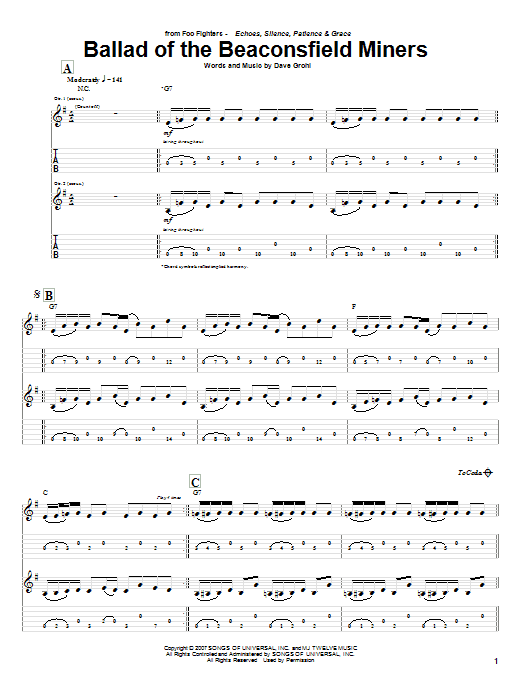 Foo Fighters Ballad Of The Beaconsfield Miners Sheet Music Notes & Chords for Guitar Tab - Download or Print PDF
