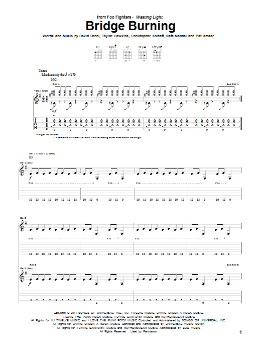 Foo Fighters Bridge Burning Sheet Music Notes & Chords for Guitar Tab - Download or Print PDF