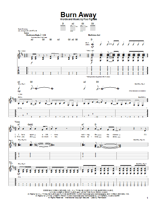 Foo Fighters Burn Away Sheet Music Notes & Chords for Guitar Tab - Download or Print PDF