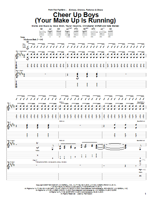 Foo Fighters Cheer Up Boys (Your Make Up Is Running) Sheet Music Notes & Chords for Guitar Tab - Download or Print PDF