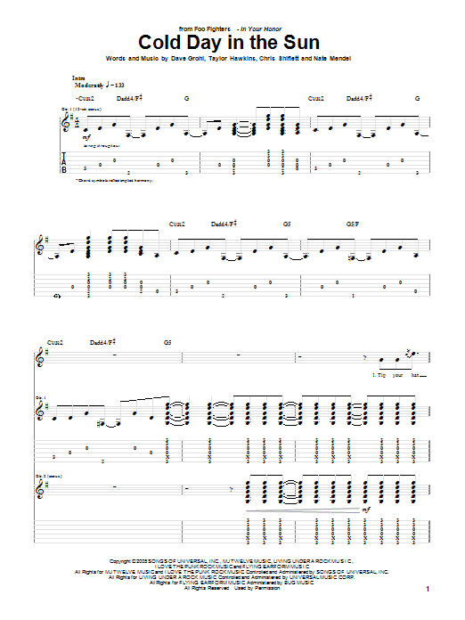 Foo Fighters Cold Day In The Sun Sheet Music Notes & Chords for Guitar Tab - Download or Print PDF