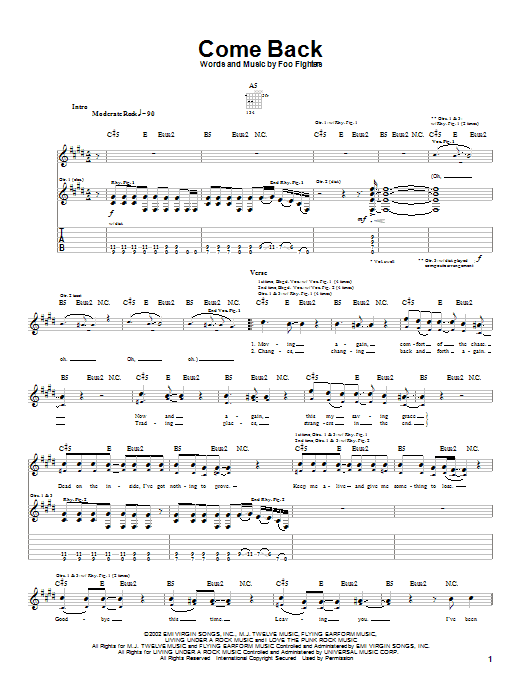 Foo Fighters Come Back Sheet Music Notes & Chords for Guitar Tab - Download or Print PDF