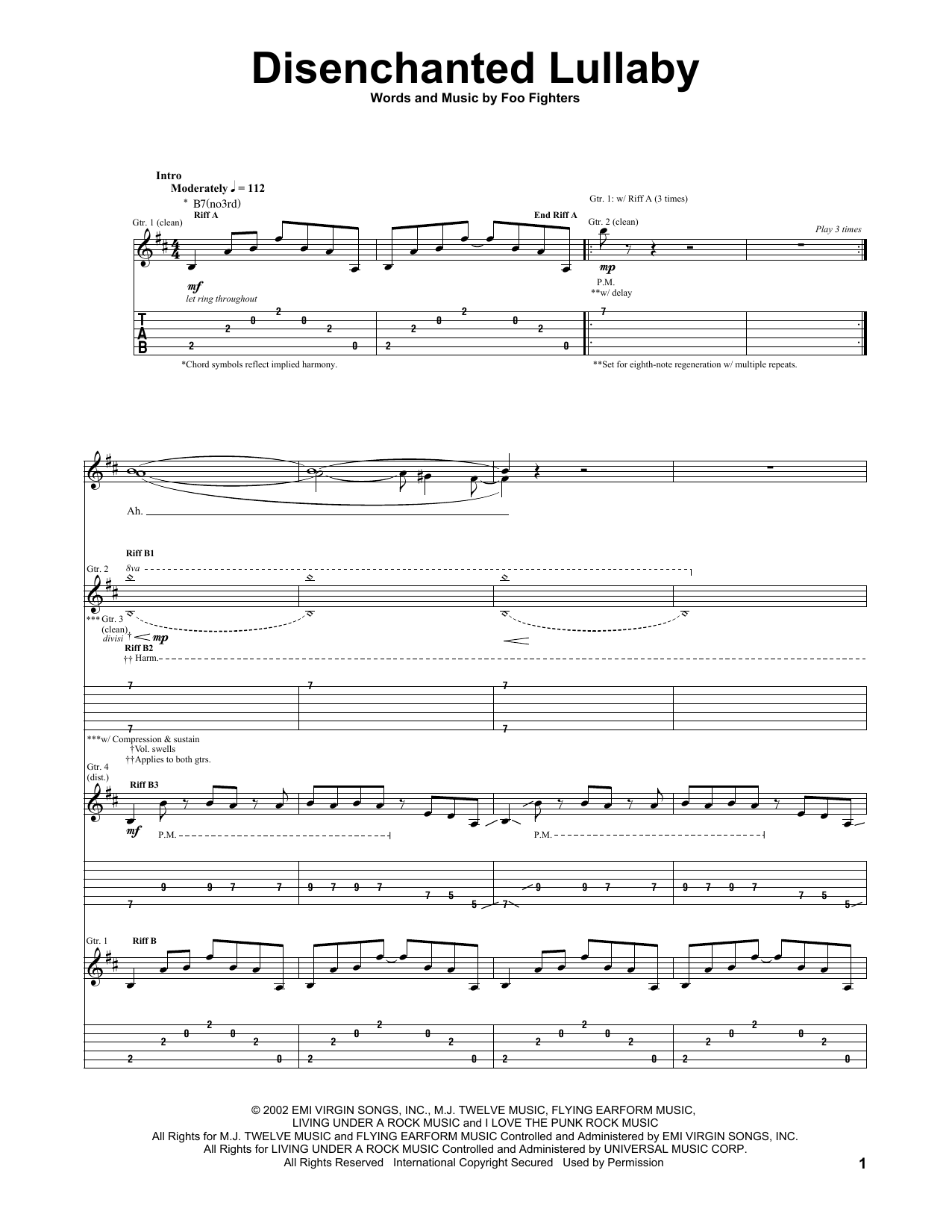 Foo Fighters Disenchanted Lullaby Sheet Music Notes & Chords for Guitar Tab - Download or Print PDF