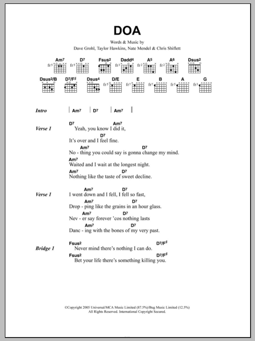 Foo Fighters DOA Sheet Music Notes & Chords for Guitar Tab Play-Along - Download or Print PDF